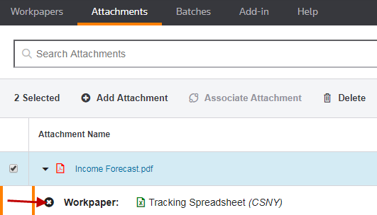 Screen capture showing the list of workpapers to disassociate from the attachment.